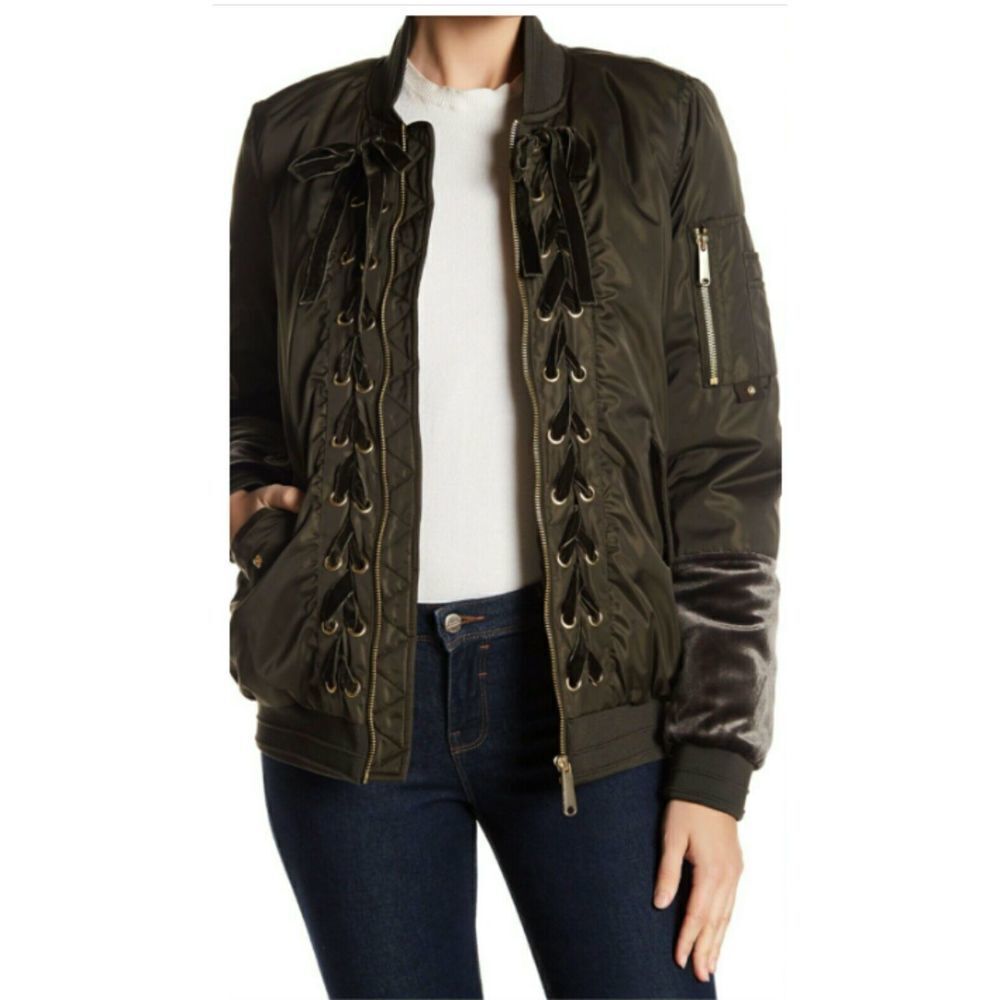 Sam Edelman Velvet Lace Up OIive Green Bomber Jacket Large